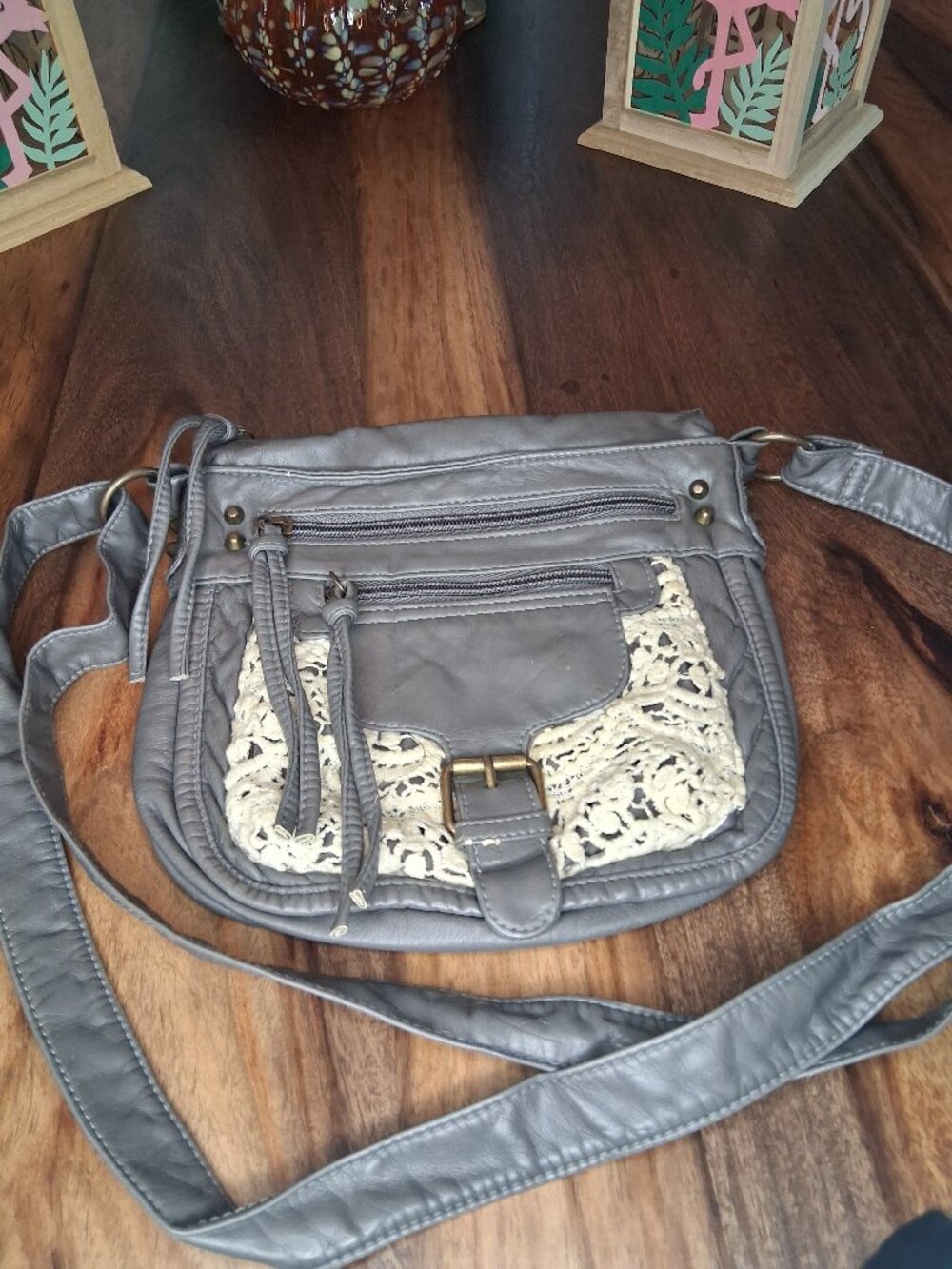Slate Grey Faux Leather Boho Crochet Crossbody Bag Pockets